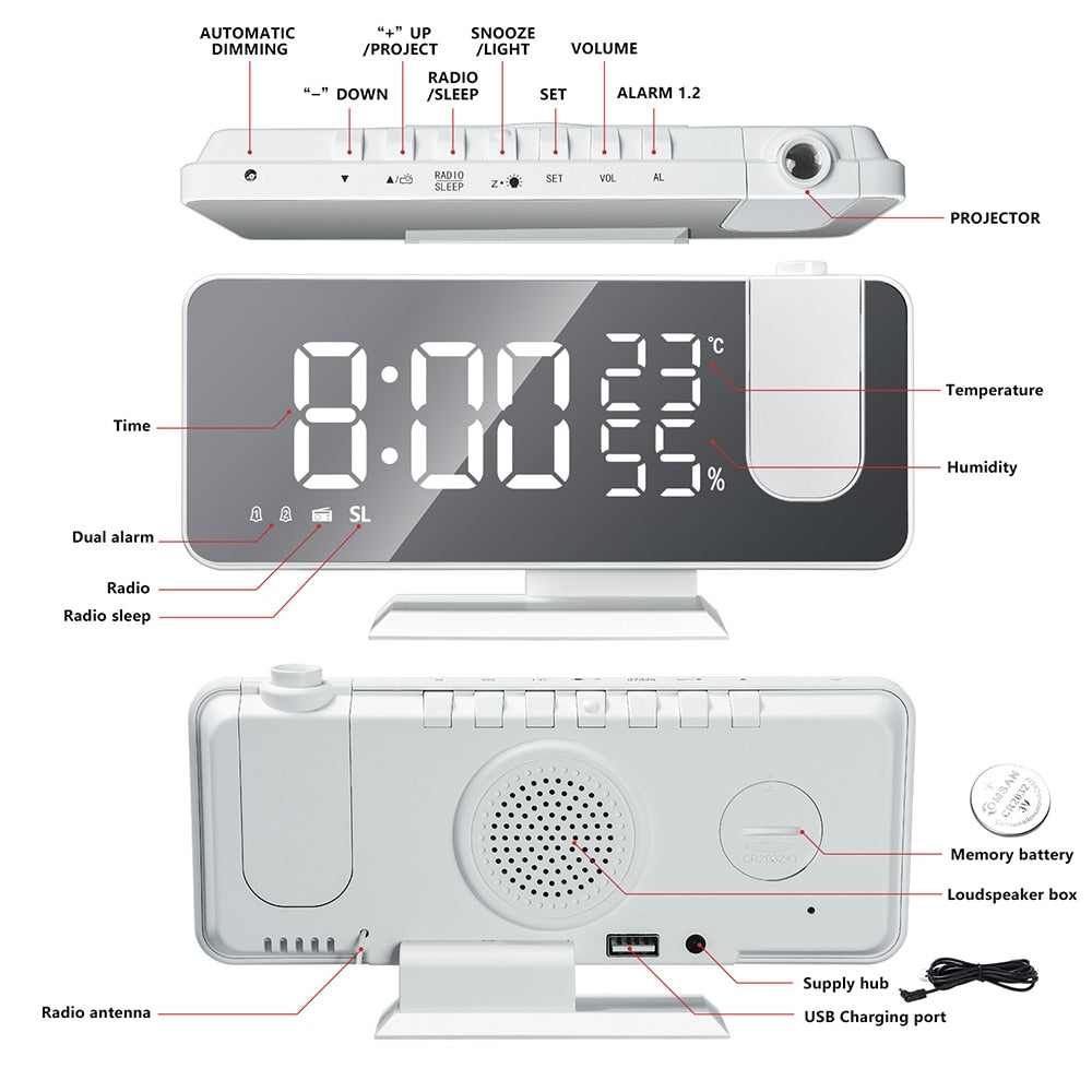 Innovative LED Projector Alarm Clock with USB Bowlift