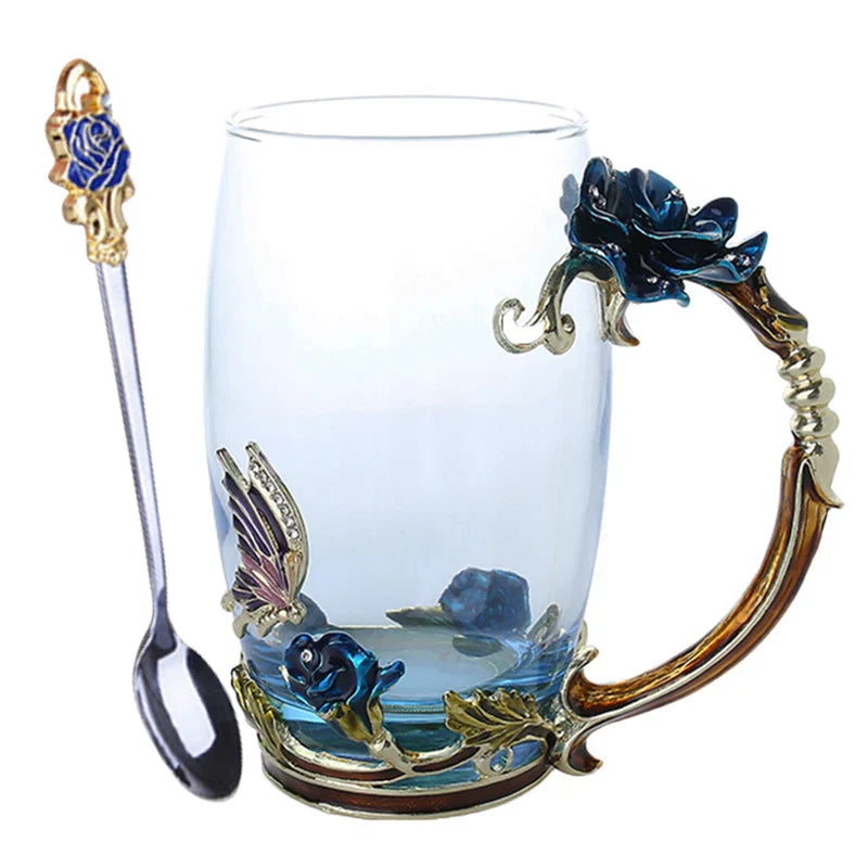 BowLift | Handcrafted Enamel Coffee Mugs Rose-Glass Tea Cup with Steel Spoon Luxury Unique Gifts for Wedding Valentine's Day Birthday Gifts