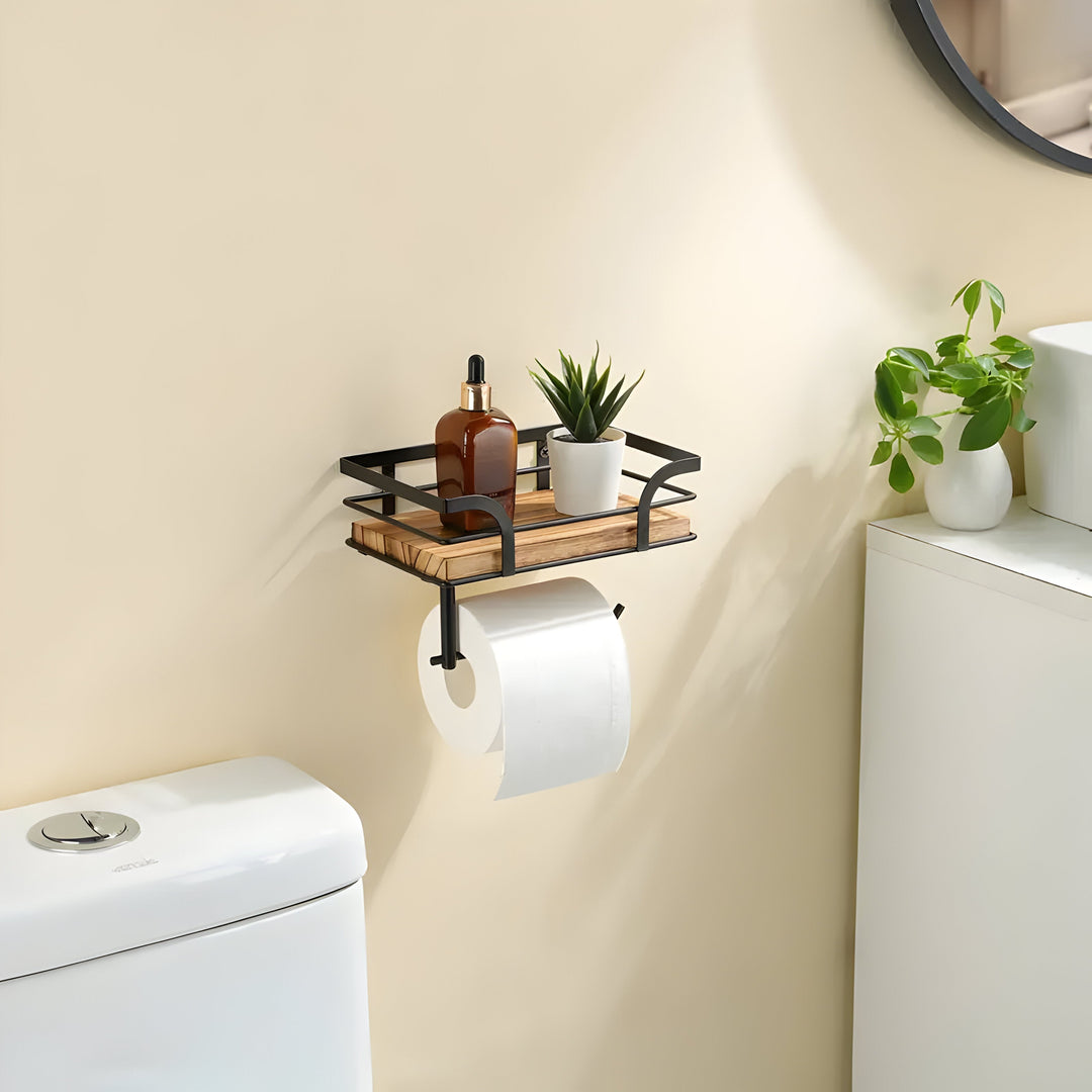 BowLift | Wood Wall Shelf with Paper Holder | Bathroom Organizer