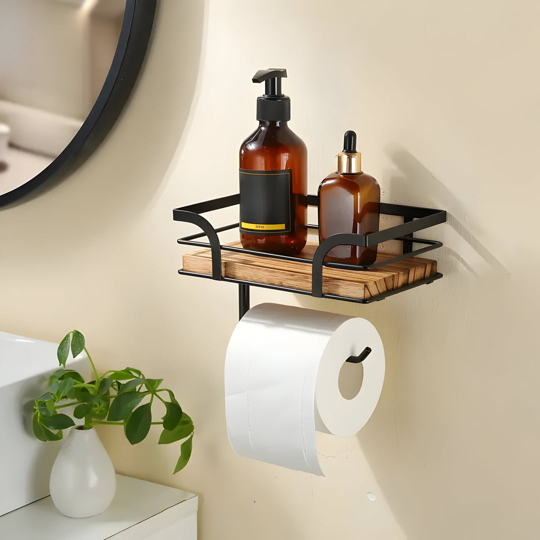 BowLift | Wood Wall Shelf with Paper Holder | Bathroom Organizer