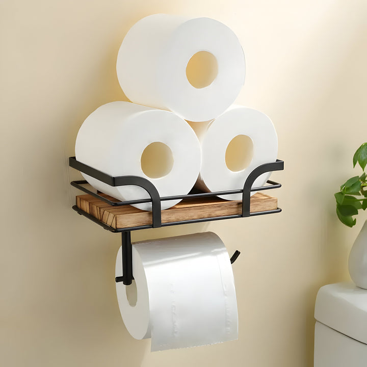 BowLift | Wood Wall Shelf with Paper Holder | Bathroom Organizer