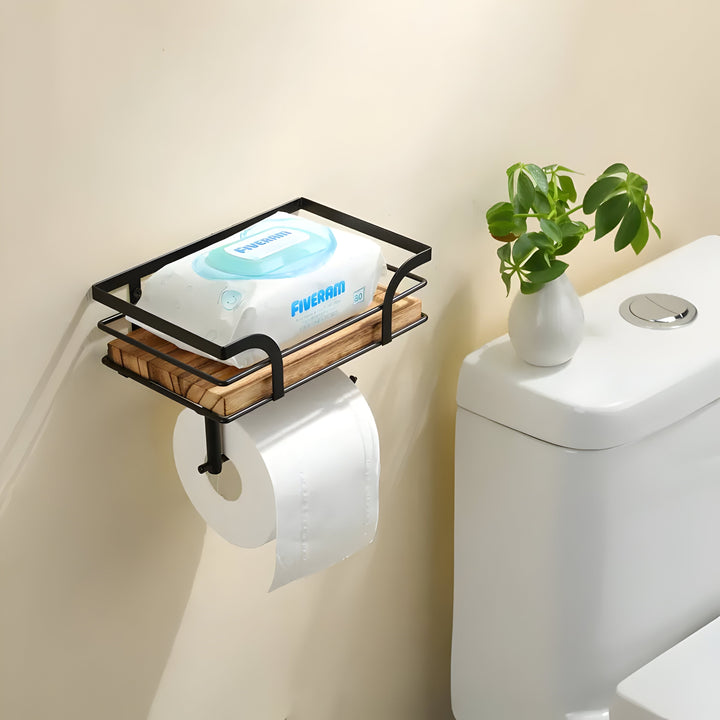 BowLift | Wood Wall Shelf with Paper Holder | Bathroom Organizer