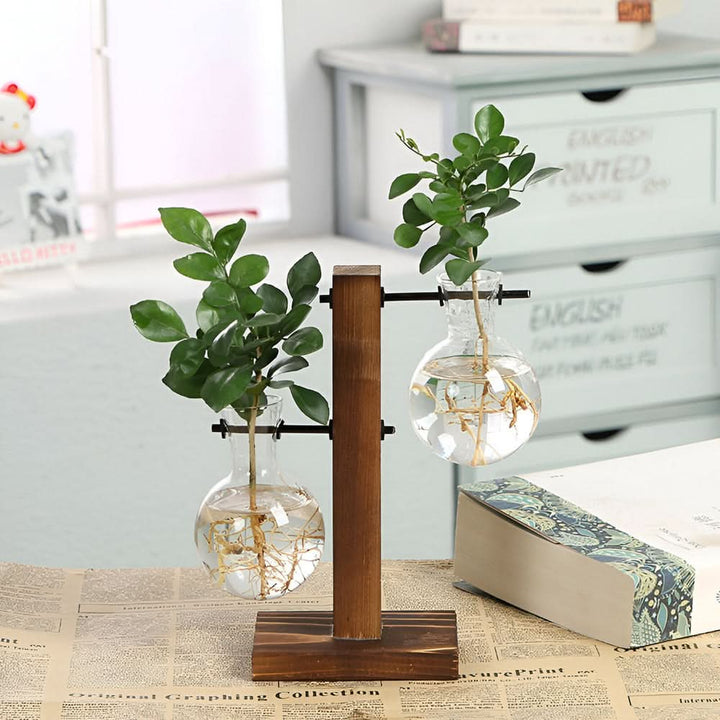 BowLift | Rustic Wooden Hydroponic Plant Holder with Glass Vase