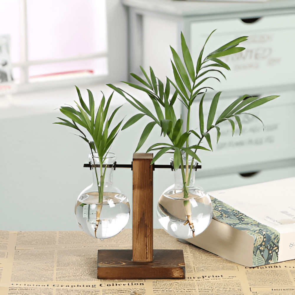 BowLift | Rustic Wooden Hydroponic Plant Holder with Glass Vase