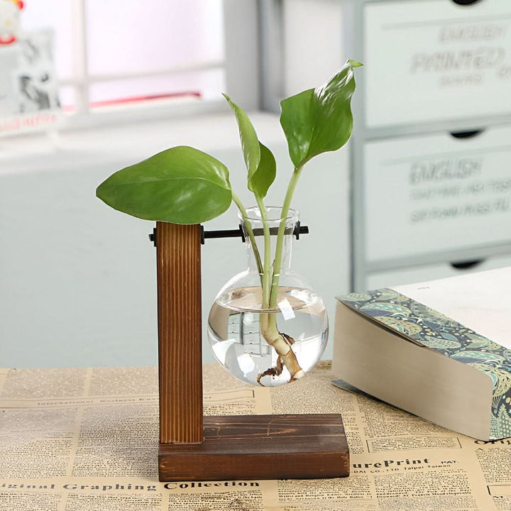 BowLift | Rustic Wooden Hydroponic Plant Holder with Glass Vase