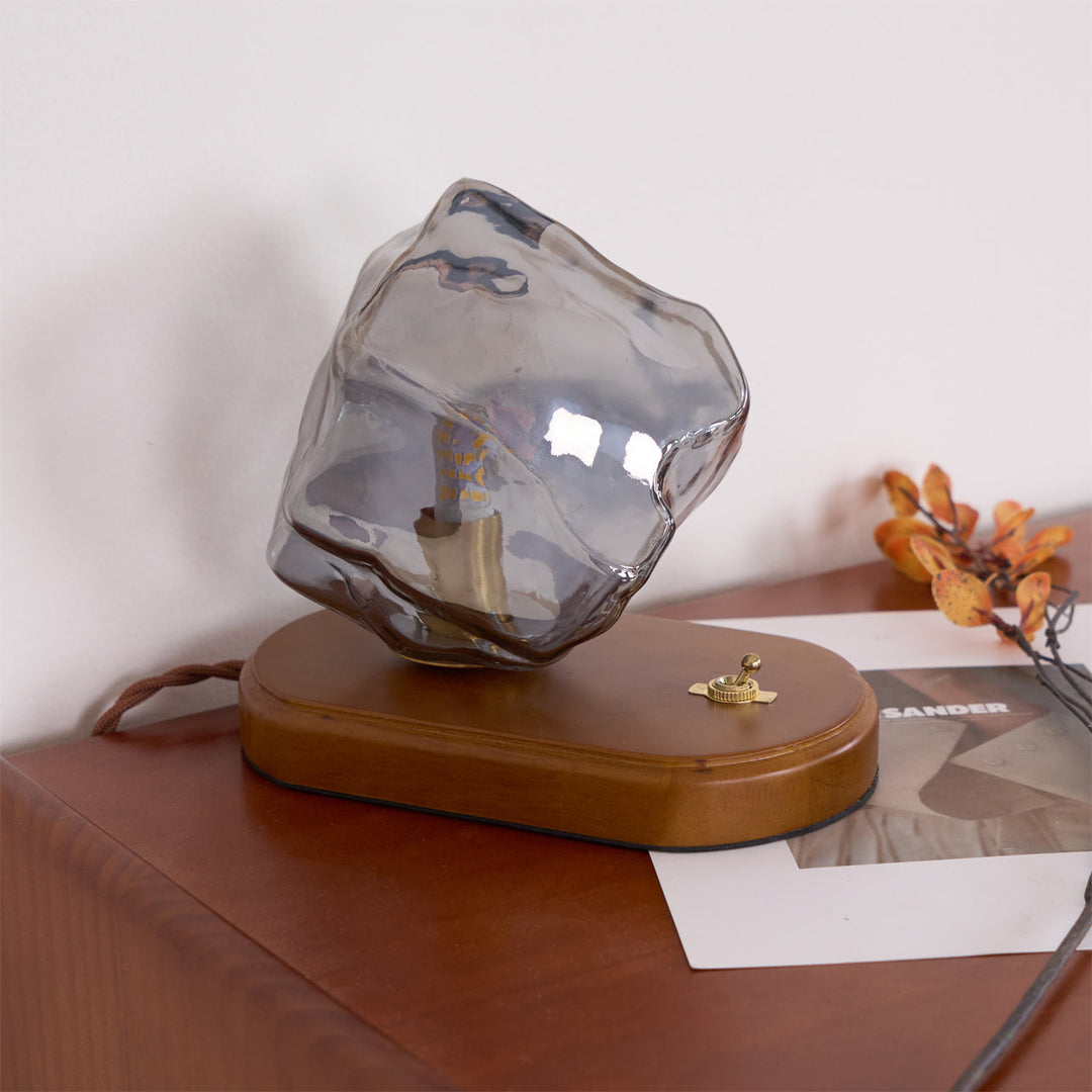 BowLift | RusticLume – Amber Glass and Wooden Table Lamp