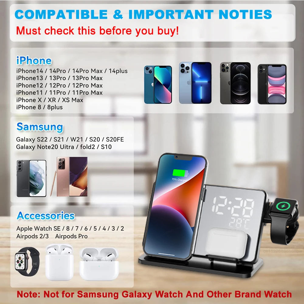BowLift | 3-in-1 Quick Charge Station | Premium Wireless Fast Charging Docking Station with Alarm Clock | for Apple iPhone, Watch & AirPods