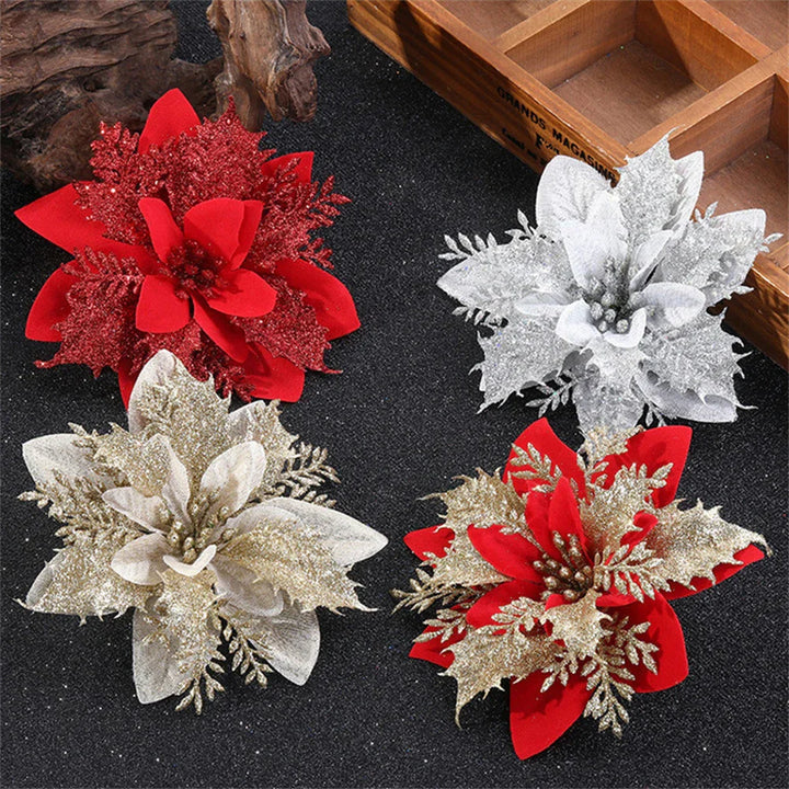 BowLift | Floréva Decoratieve Kerstbloemen – Set van 5 of 10 Kunstbloemen (14,5 cm) in Roze, Rood & Goud voor Feestelijke Decoratie
