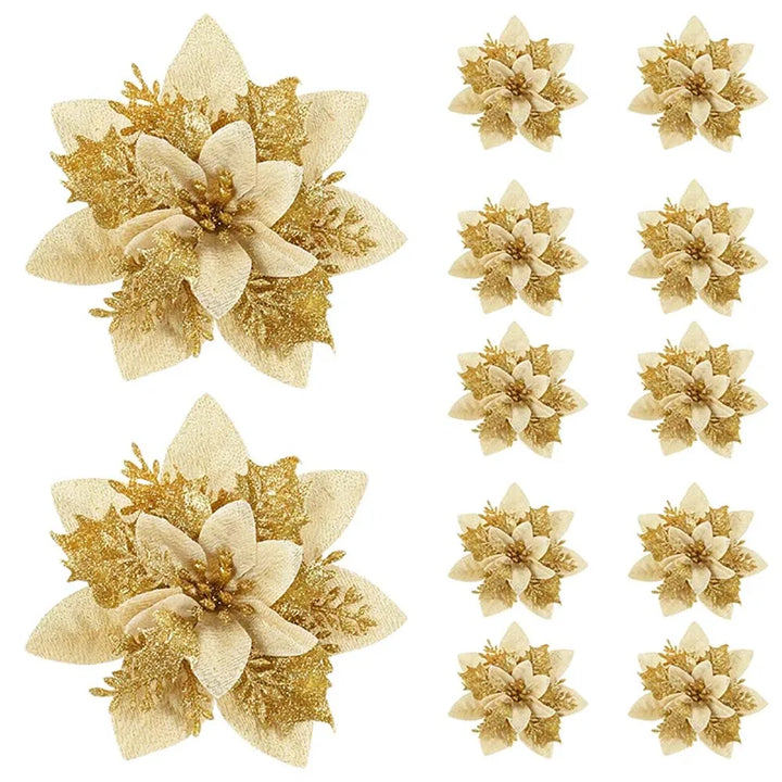 BowLift | Floréva Decoratieve Kerstbloemen – Set van 5 of 10 Kunstbloemen (14,5 cm) in Roze, Rood & Goud voor Feestelijke Decoratie