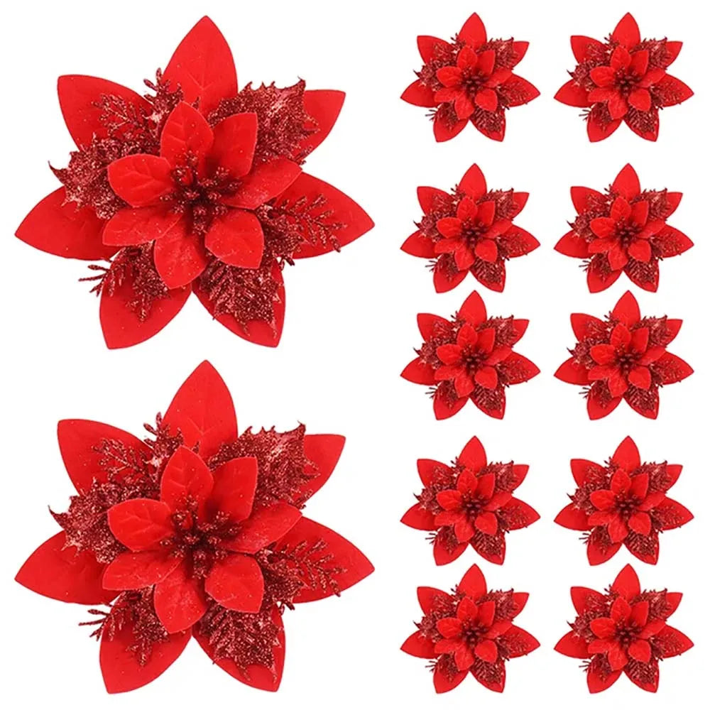 BowLift | Floréva Decoratieve Kerstbloemen – Set van 5 of 10 Kunstbloemen (14,5 cm) in Roze, Rood & Goud voor Feestelijke Decoratie