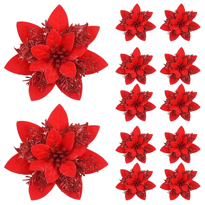 BowLift | Floréva Decoratieve Kerstbloemen – Set van 5 of 10 Kunstbloemen (14,5 cm) in Roze, Rood & Goud voor Feestelijke Decoratie