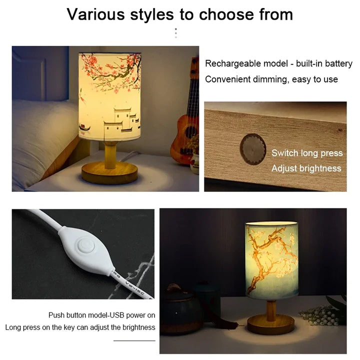 BowLift | Dimmable LED bedside lamp with fabric shade in plum blossom – Perfect bedroom night lamp