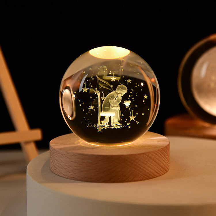 Glowing crystal ball with LED – Decorative 3D glass ball with galaxy design and wooden base | Bowlift