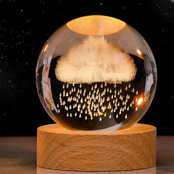 Glowing crystal ball with LED – Decorative 3D glass ball with galaxy design and wooden base | Bowlift