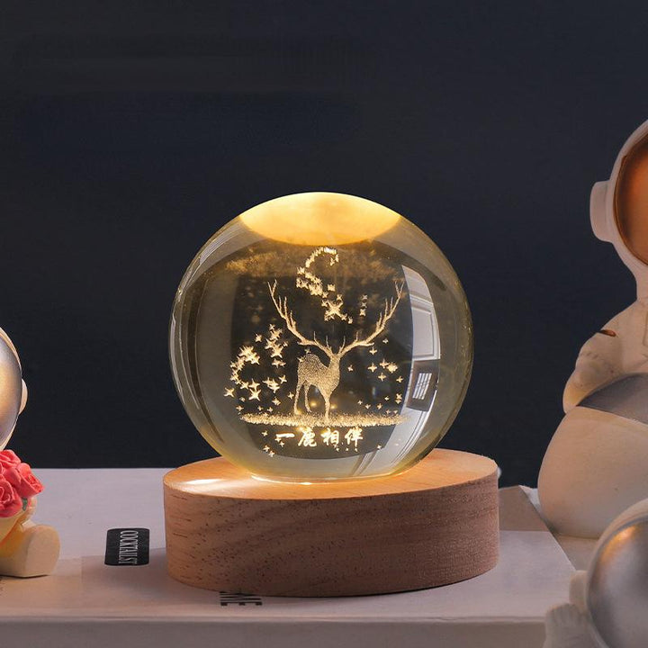 Glowing crystal ball with LED – Decorative 3D glass ball with galaxy design and wooden base | Bowlift