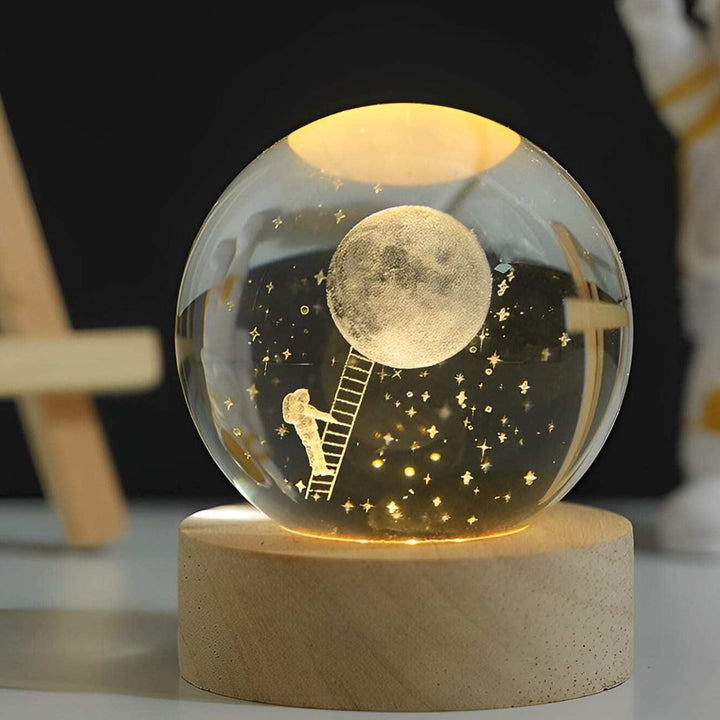 Glowing crystal ball with LED – Decorative 3D glass ball with galaxy design and wooden base | Bowlift