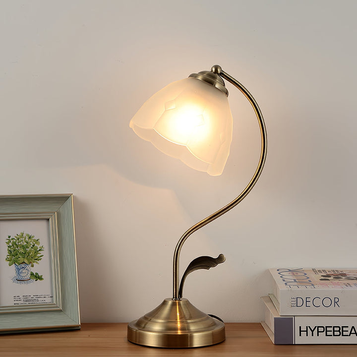 BowLift | LuxePetal – White and Blue Glass Floral Table Lamp in Gold