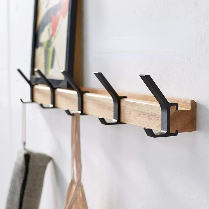 BowLift | Wall coat rack with double hooks made of Nordic rubber wood and aluminum