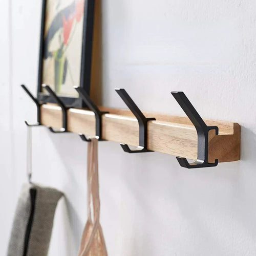 BowLift | Wall coat rack with double hooks made of Nordic rubber wood and aluminum