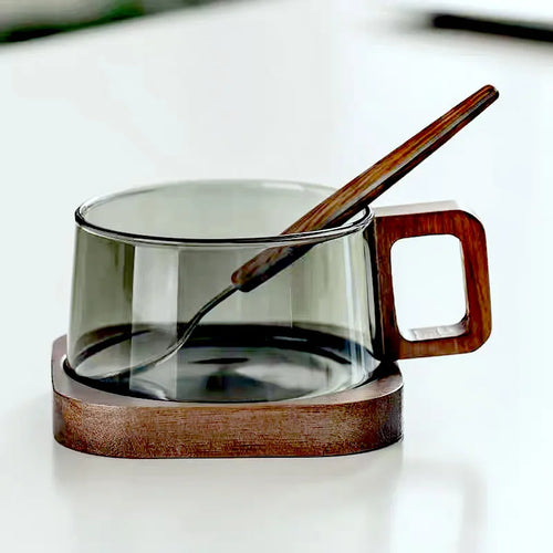 Nordic Glass Coffee Mug Tea Cup with Wooden Handle Set - Elegant Transparent Glass, Square Wooden Handle, Matching Spoon, and Optional Coaster | Bowlift