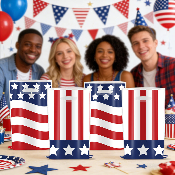 Unisex nan gift bags set with USA flag motif made of sturdy plastic and integrated handle ten pack Bowlift