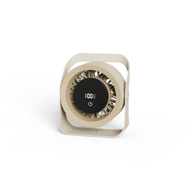 Unisex portable battery table fan with digital battery display, touch-sensitive power button, and adjustable stand