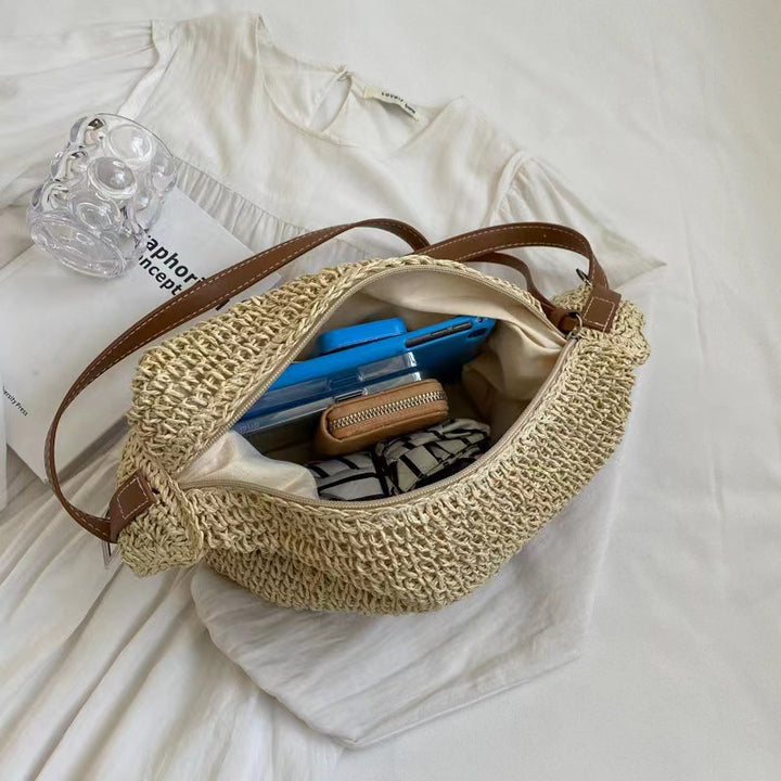 Cultivated raffia shoulder bag with leather accents Bowlift