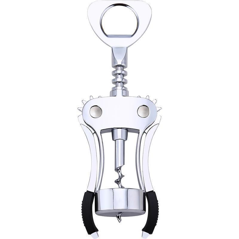 Winged corkscrew with integrated bottle opener and ergonomic rubberized lever handles Bowlift