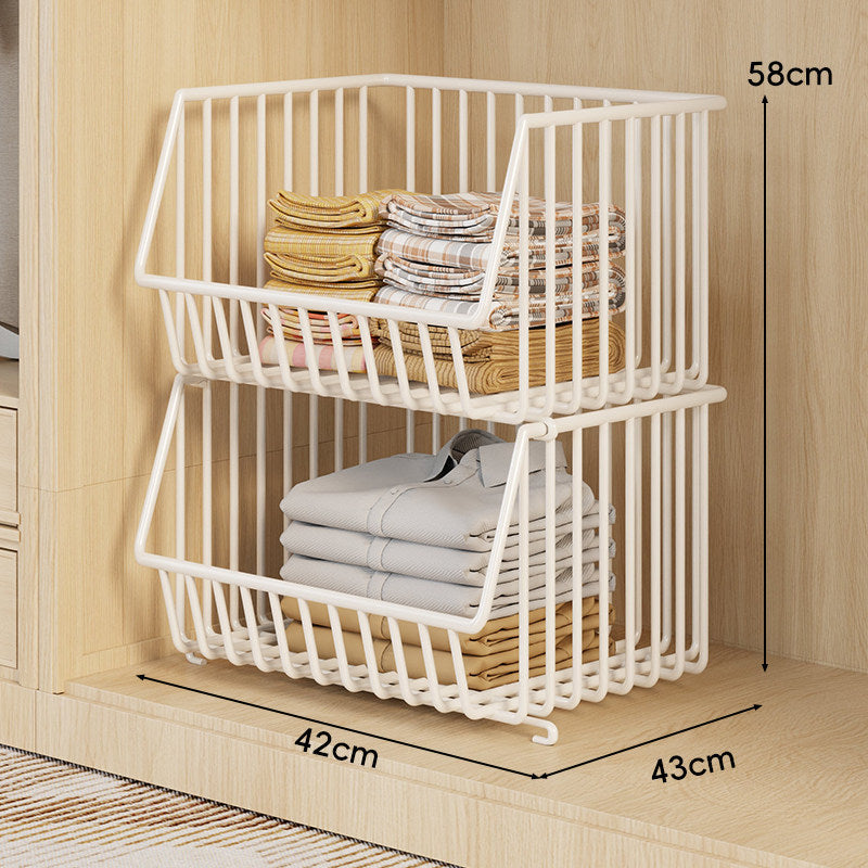 Stackable Multi-Tier Wire Closet Storage Basket Organizer with Open-Front Pull-Out Bins