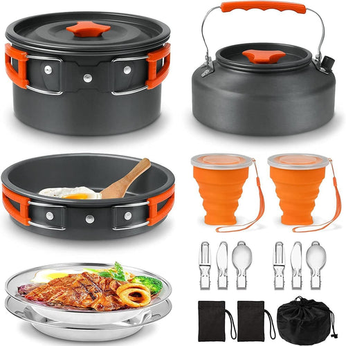lightweight nonstick anodized aluminum camping cookware set with folding-handle pot and kettle, collapsible silicone cups, stainless plates and cutlery Bowlift