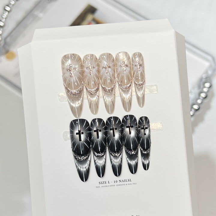 Chic Press-On Nail Set with Elegant Rhinestone Design Bowlift