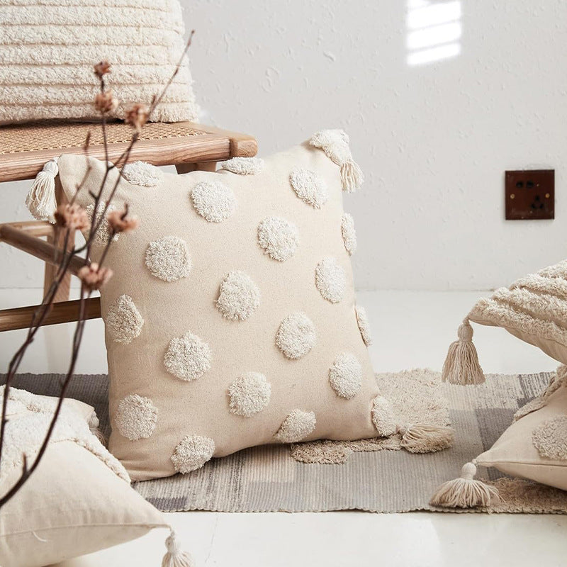 Square cotton-linen cushion cover with 3D pompom tufting and corner tassels Bowlift