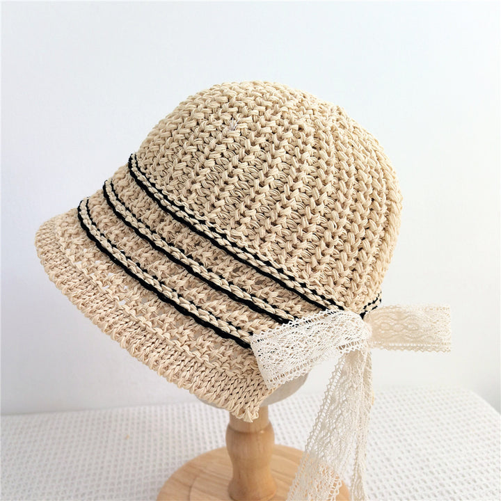 Crocheted Raffia Bucket Sun Hat with Lace Tie and Braided Trim Bowlift