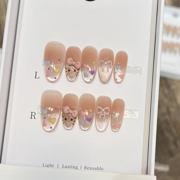 Decorative Press-On Nail Set with Colorful Heart and Bow Designs Bowlift