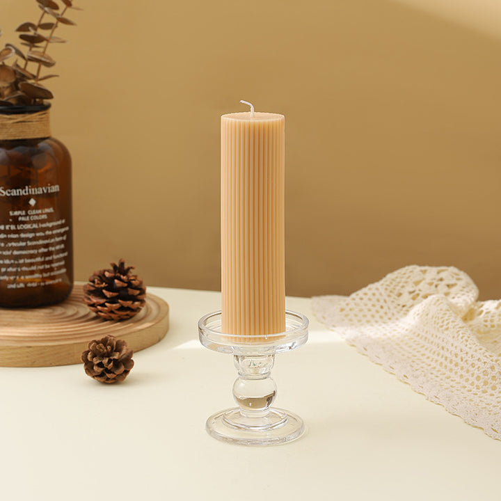Ribbed Decorative Pillar Candle with Crystal Glass Pedestal Holder
