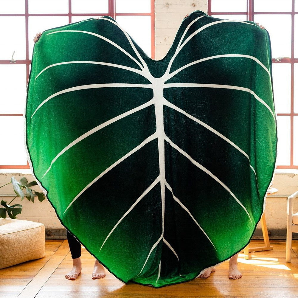 Oversized Leaf-Shaped Plush Wearable Throw Blanket With Hooded Poncho Design