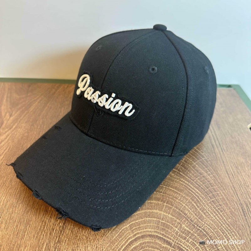 Women's Distressed Cotton Baseball Cap with Embroidered Quote Bowlift