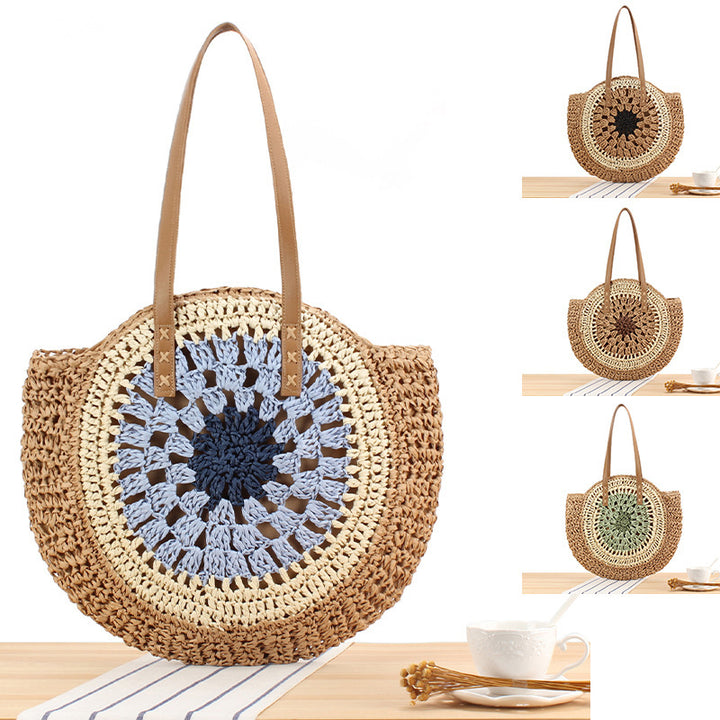 Round Bast Tote Bag with Handwoven Design Bowlift