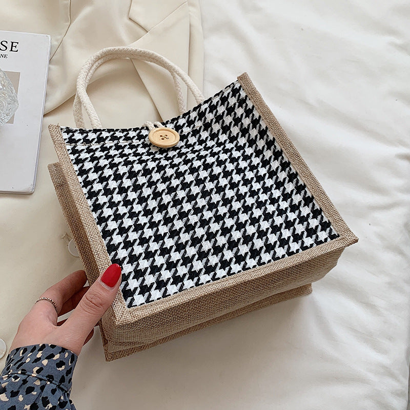 Houndstooth Patterned Canvas Tote Bag