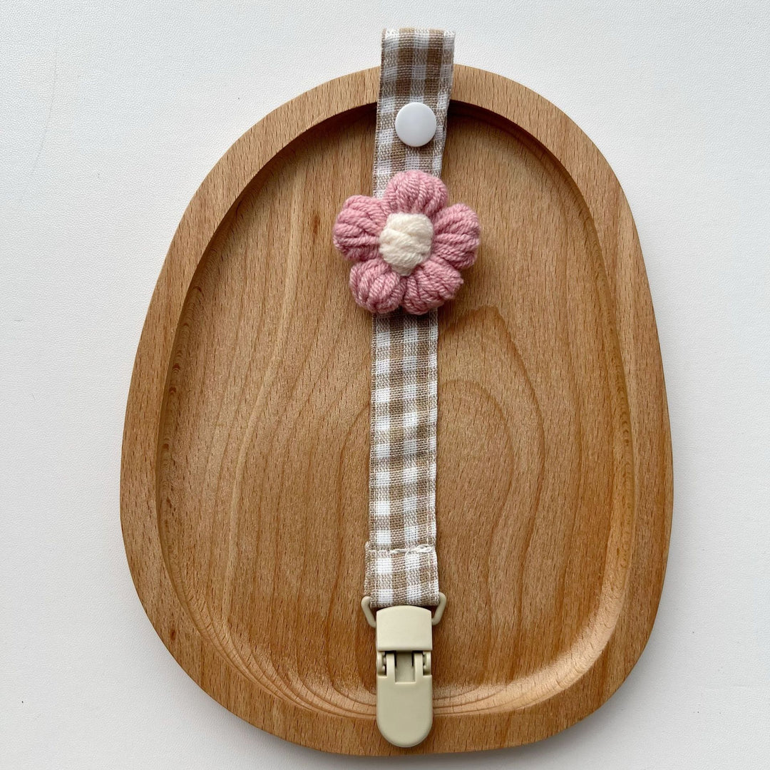 Crocheted Flower Pacifier and Teether Clip with Organic Cotton Strap