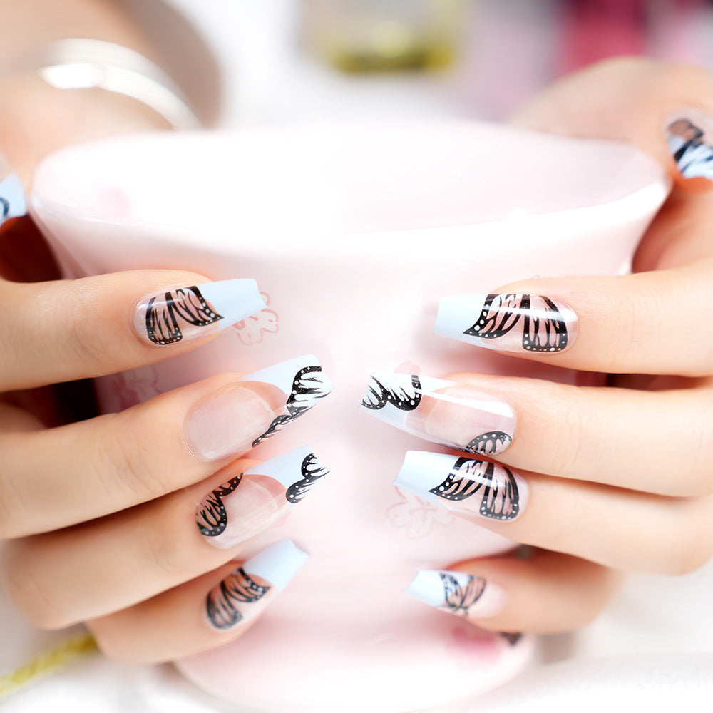 Artistic Long Coffin Press-On Nails with Butterfly Design Bowlift