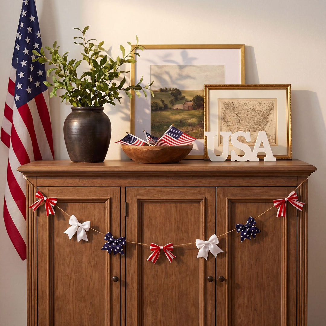 Unisex nan festive garland with striped fabric ribbons and jute rope Bowlift
