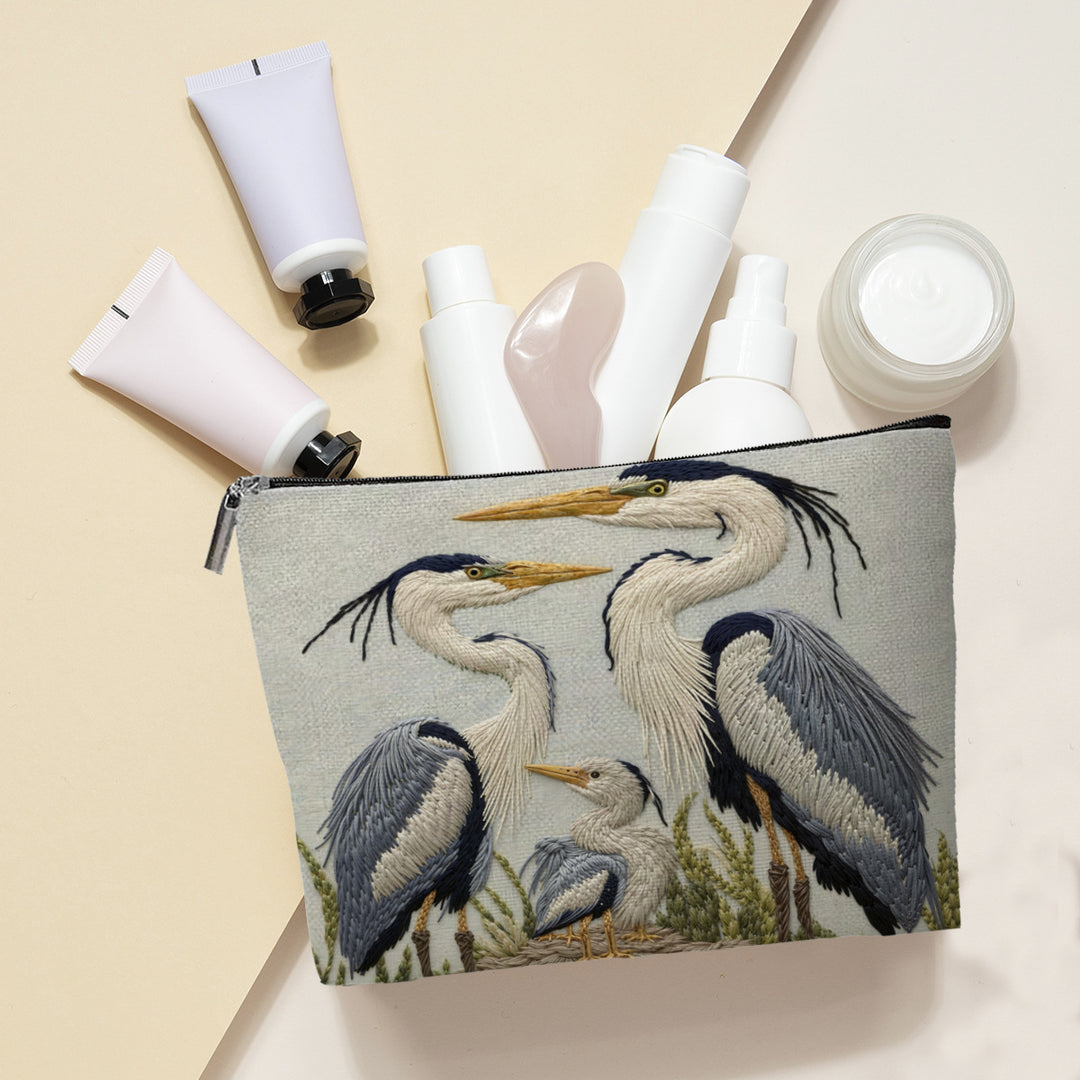 Embroidered Owl Textured Makeup Pouch With Zipper And Water-Resistant Lining