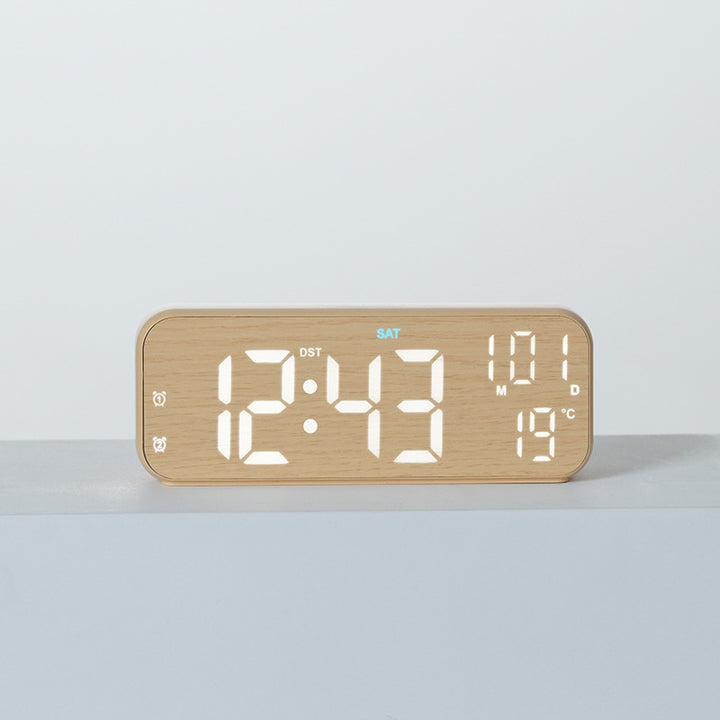 Digital wooden alarm clock with temperature and day of the week display Bowlift