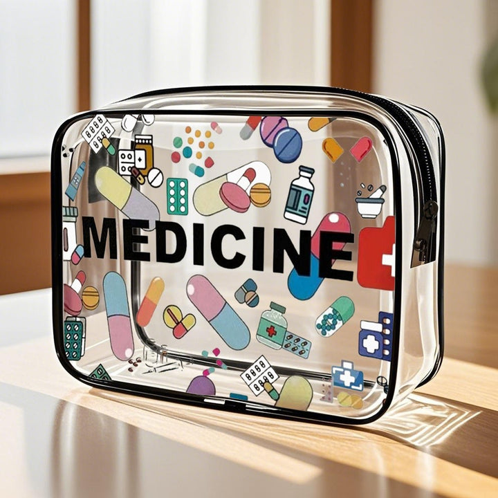 Transparent travel medicine organizer pouch with zippered compartments Bowlift