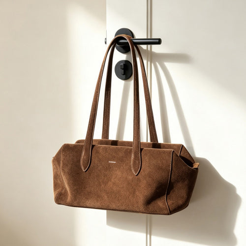 Suede Elongated Rectangular Shoulder Tote with Long Double Straps