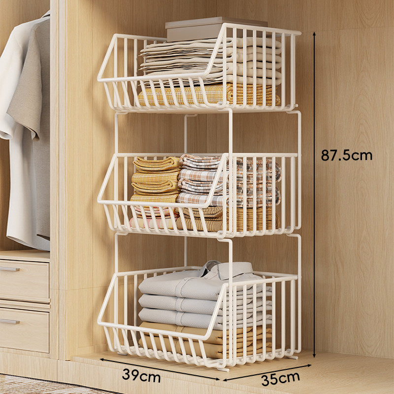 Stackable Multi-Tier Wire Closet Storage Basket Organizer with Open-Front Pull-Out Bins