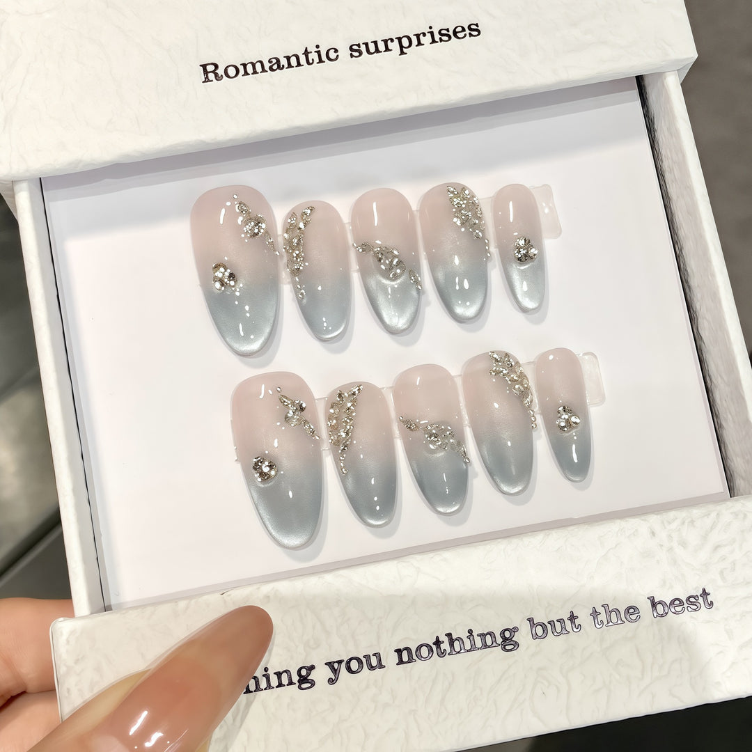 Artistic Romantic Press-On Nail Set with Gem Accents