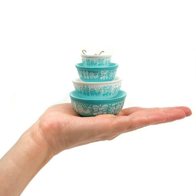 Stackable Ceramic Nesting Bowl Set With Folk Bird Motif And Glossy Glazed Finish