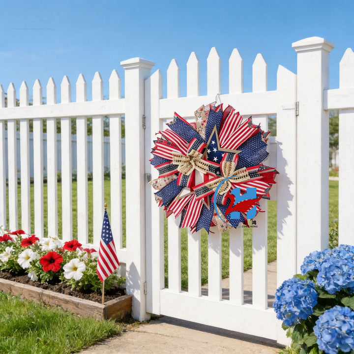 Unisex nan handcrafted patriotic star wreath with layered wooden stars, burlap ribbons and wired accents Bowlift